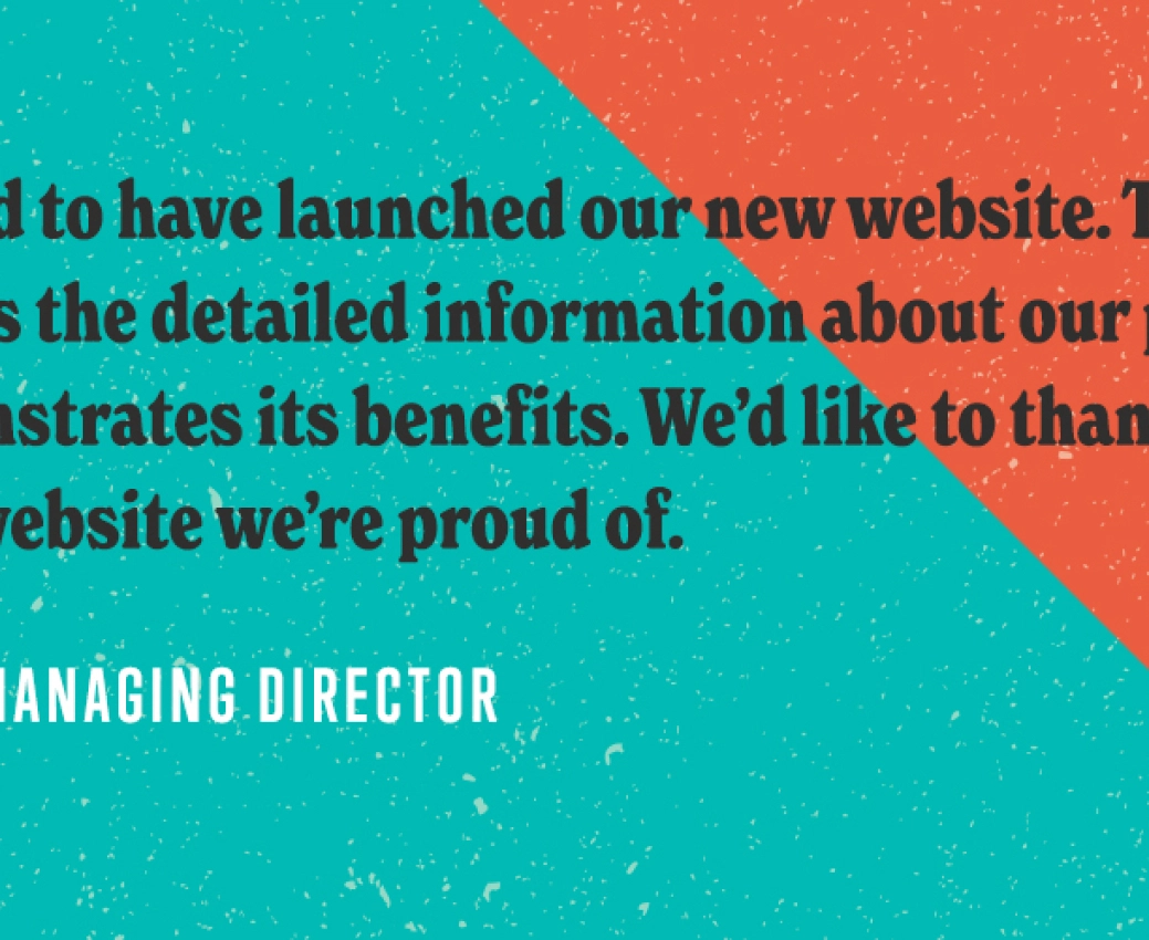 Blue and orange coloured background with client testimonial from Ambar Kelly written on top