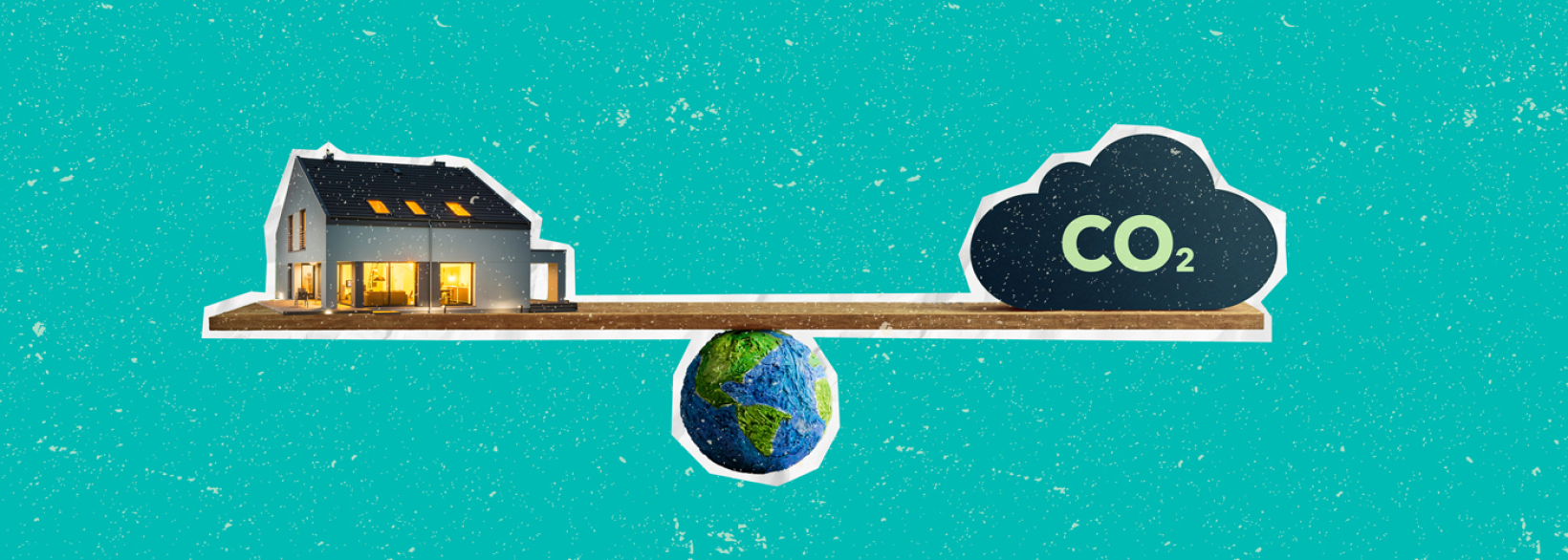 House and CO2 cloud balancing on a wooden plank above the world globe
