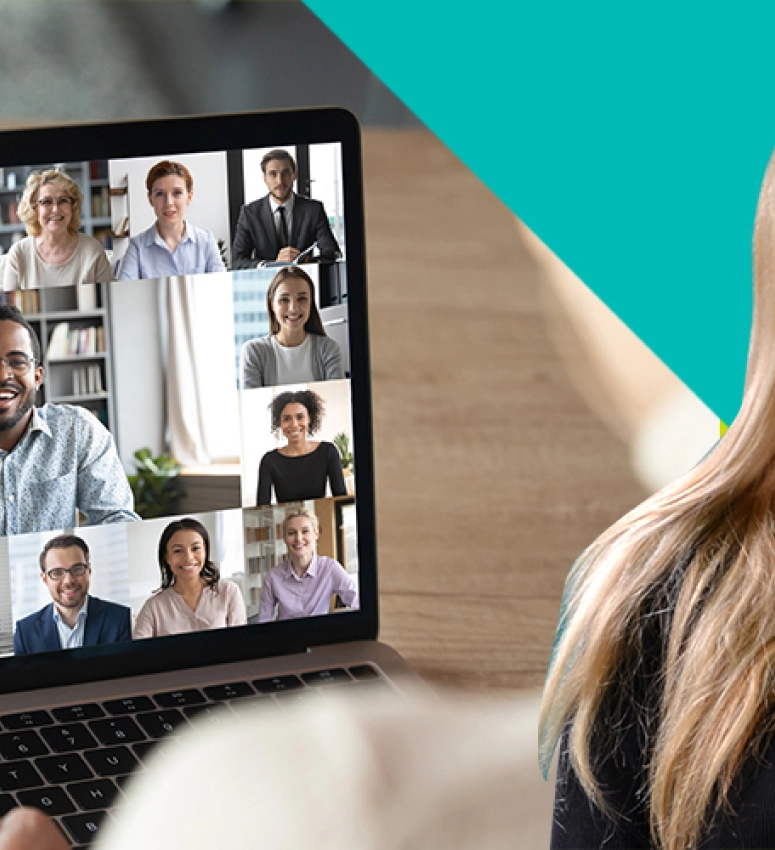 Cut-out image of Fabrick's head of Digital Content, Kate Aristides positioned next to a laptop showing numerous people's faces on a laptop screen