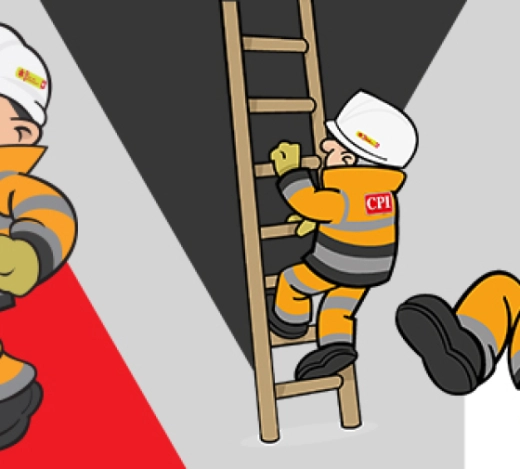 Illustrations of CPI's character, RaLF climbing up a ladder, climbing over a wall and walking along in full PPE clothing
