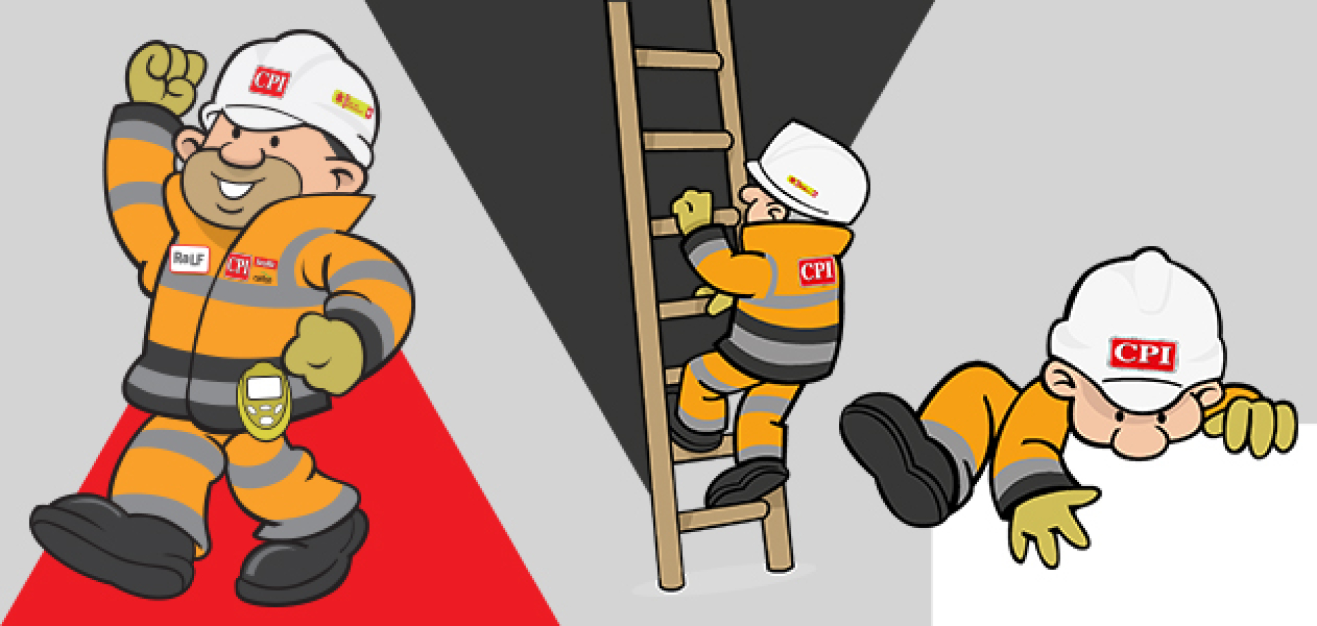 Illustrations of CPI's character, RaLF climbing up a ladder, climbing over a wall and walking along in full PPE clothing