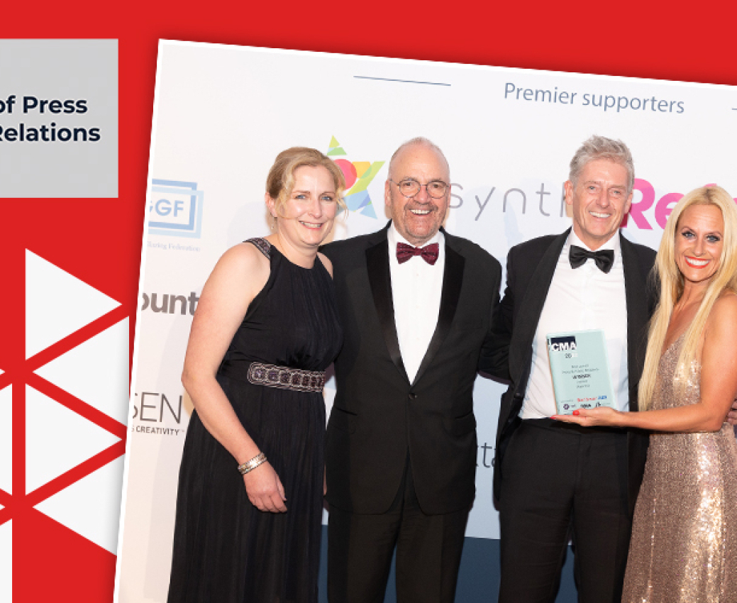 Ella Brocklebank, Martin Sandall of Jenner are stood alongside Fabrick's Colin Felton collecting their Best Use of PR awards at the 2022 Construction Marketing Awards