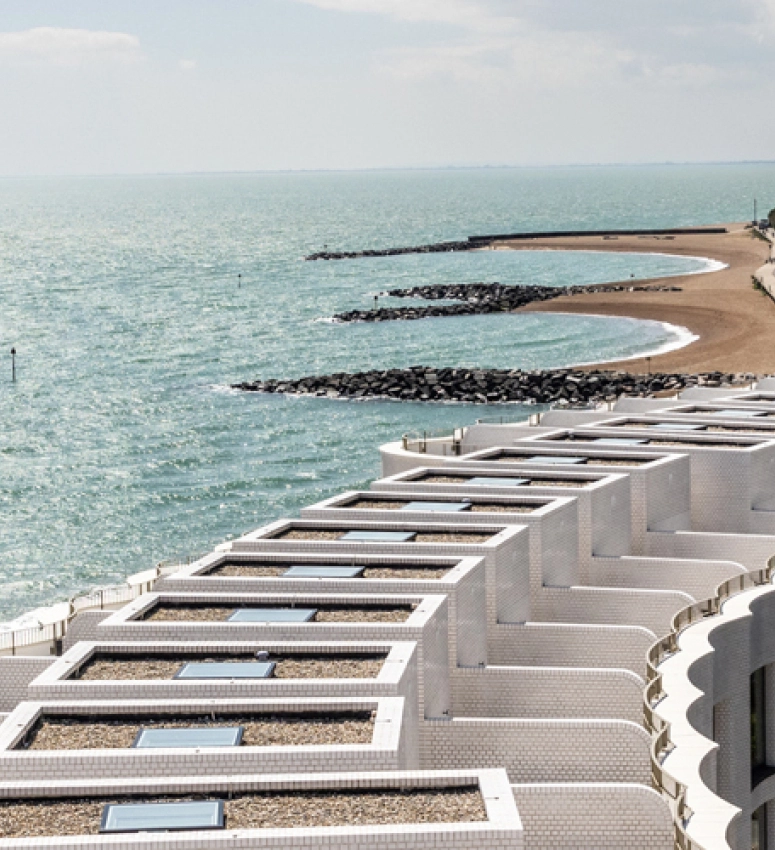 Aerial shot showing the curved exterior of the Shoreline development in Folkestone, Kent