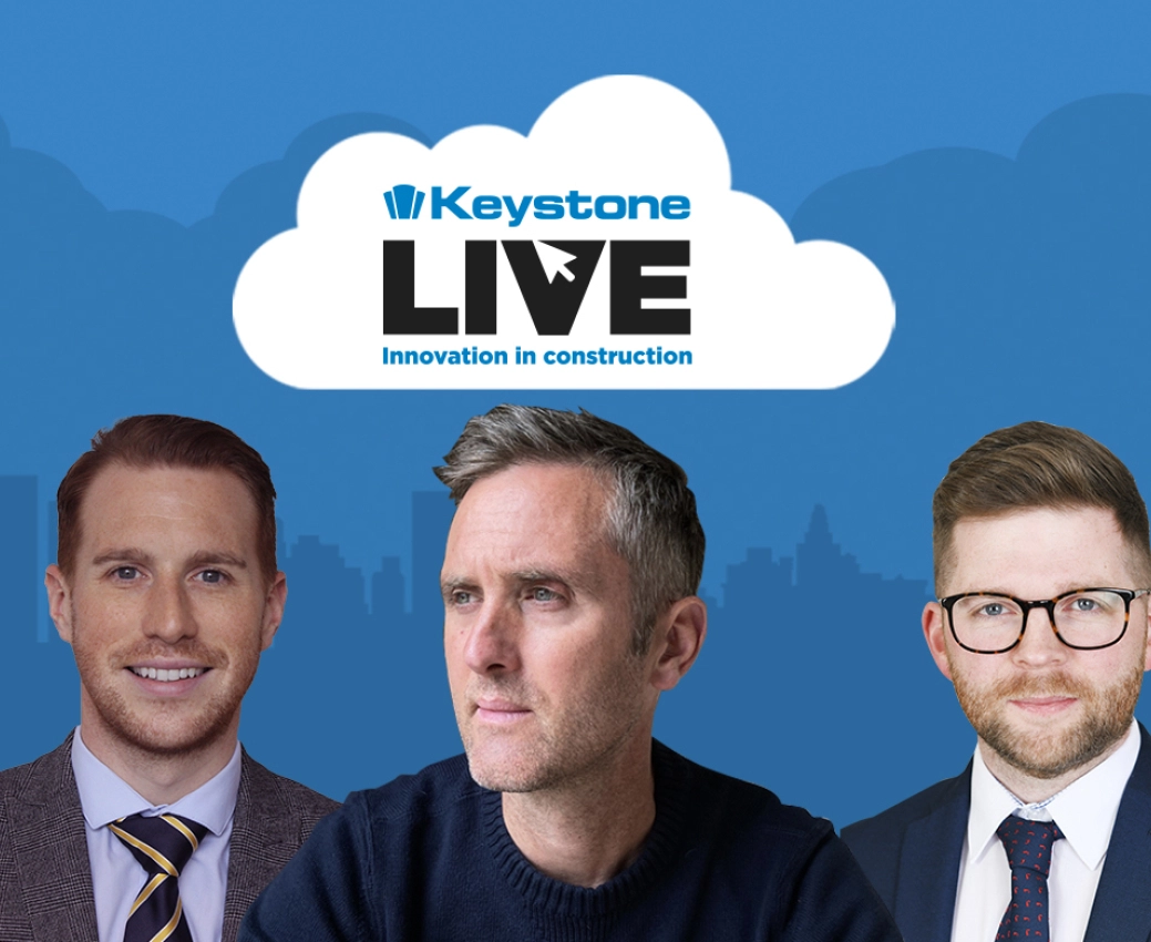 Blue background with several cut-out images of construction industry experts. Above the cut-outs is a white cloud displaying the Keystone Live logo inside it.
