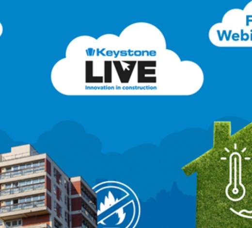 Blue background with a white cloud displaying the Keystone Live logo. House made from grass and a cut-out of a commercial building