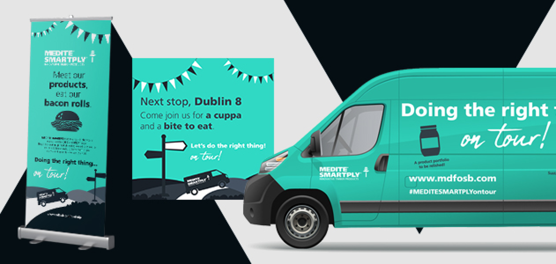 Branded images of MEDITE SMARTPLY's van, pop-up banners and social media infographics used to promote the UK and Ireland 'doing the right thing' tour