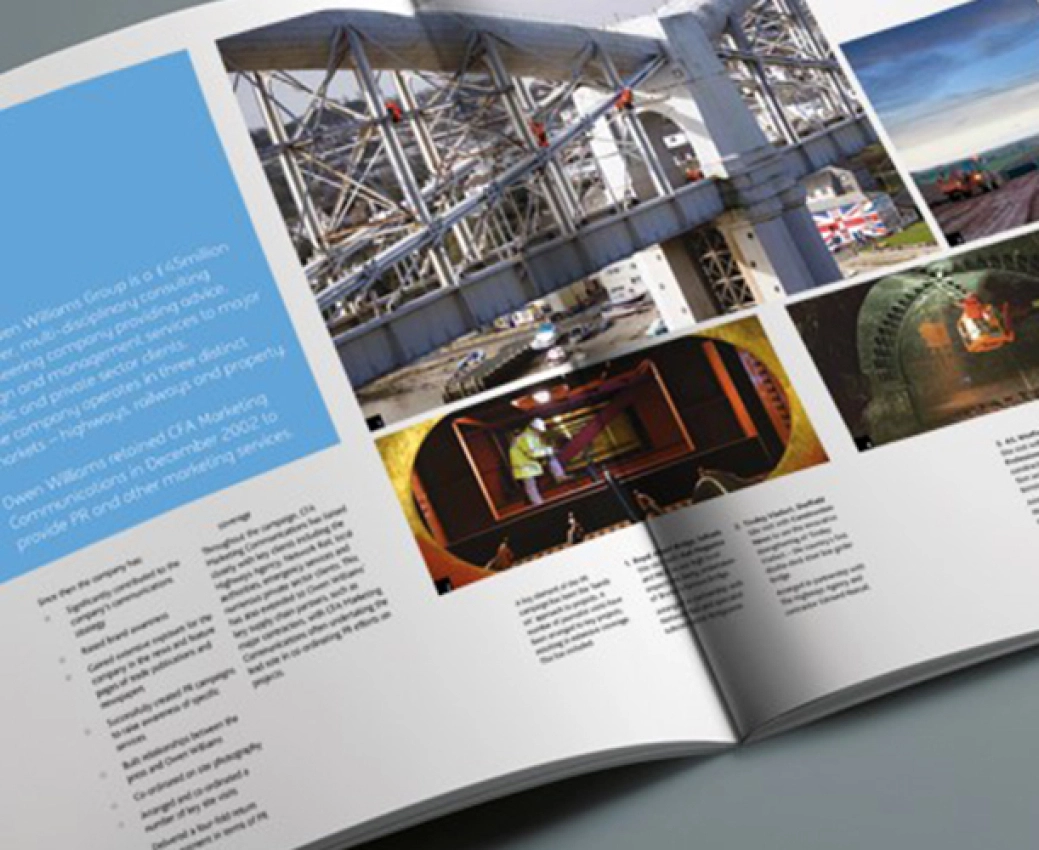 Image of an open publication showing PR coverage achieved for civil engineer Owen Williams