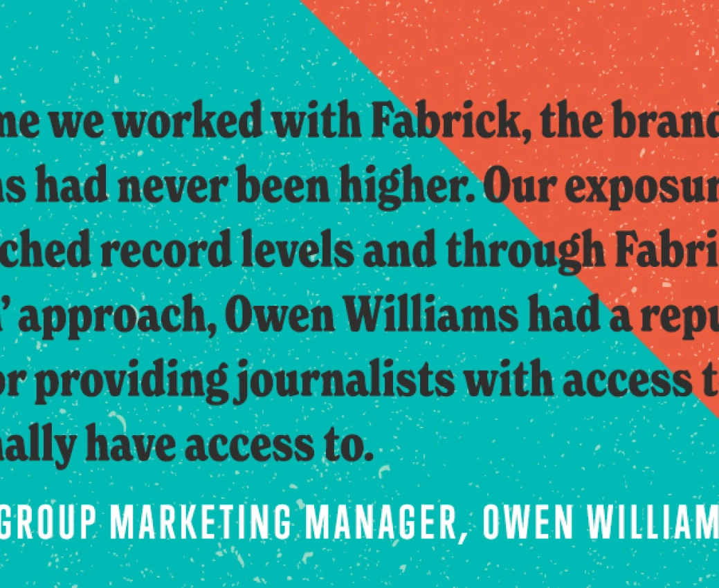Client testimonial from Owen Williams written against an orange and blue background