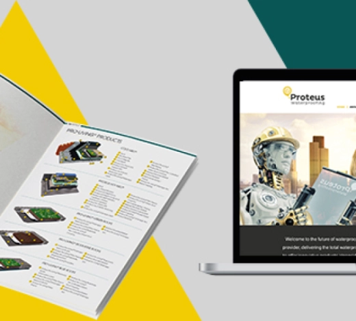 Proteus brochure and a laptop screen showing the homepage of the new Proteus website