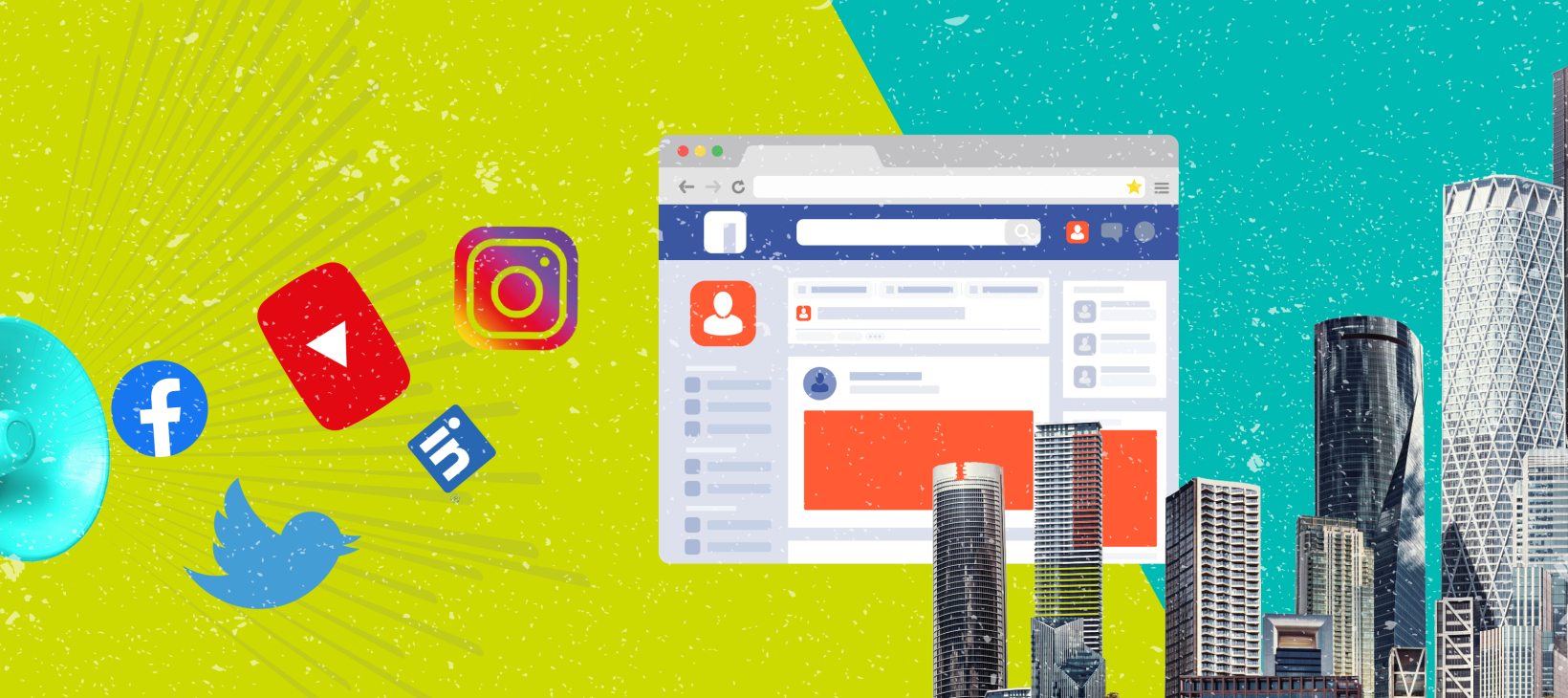 Social media icons and construction buildings