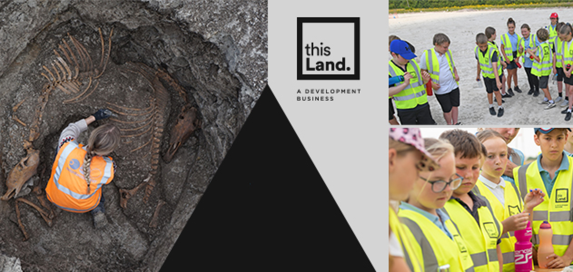 School children from Burwell dressed in construction PPE visiting an archaeological dig where bones from the bronze age are discovered