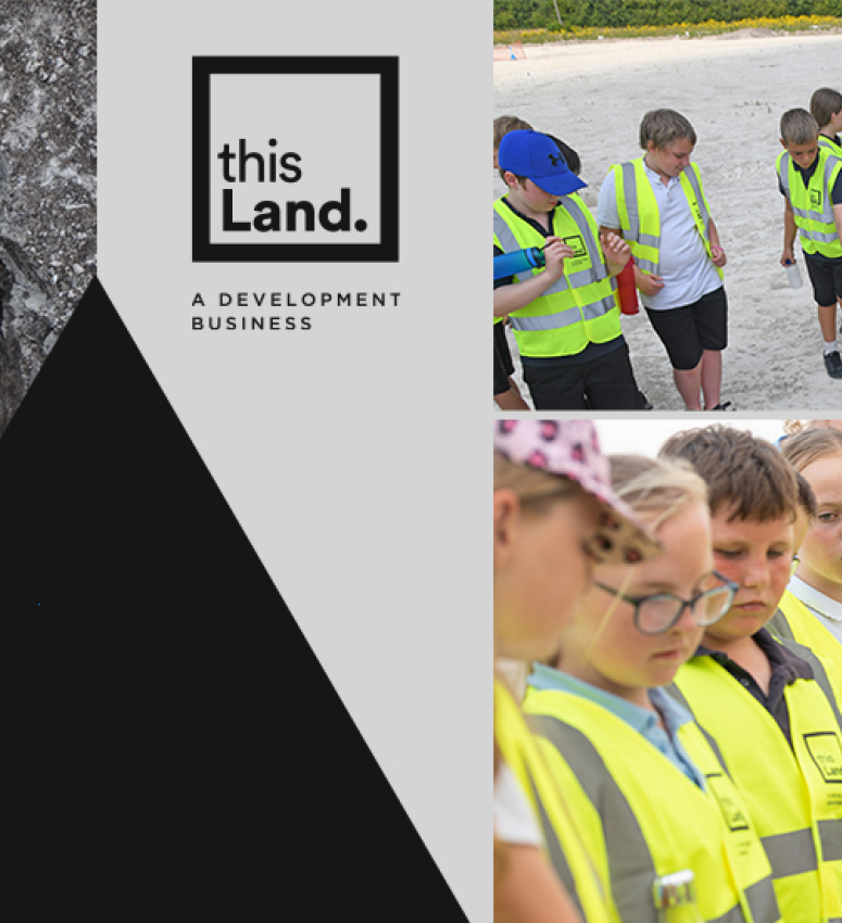 School children from Burwell dressed in construction PPE visiting an archaeological dig where bones from the bronze age are discovered