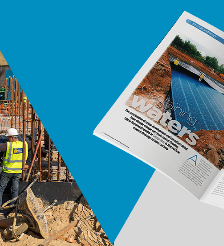 Publication showing a PR feature for Wavin and a building site with two site workers wearing PPE